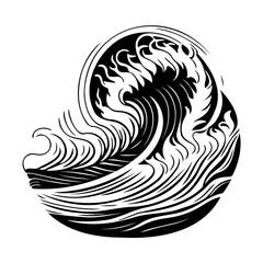 Stylized oceanic wave depiction in black and white artistic rendering