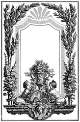 Black and white French title page by Clement Pierre Marillier (1776), Rococo style vintage book illustration. Publication of the "Meyers encyclopedia", Vol. 6, Leipzig, Germany, 1910.