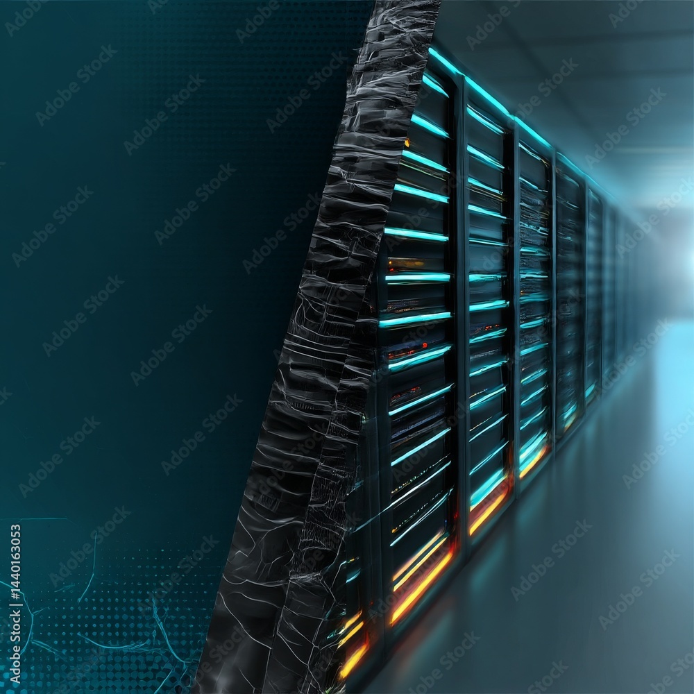 Poster data center servers with cracked wall overlay: high-tech infrastructure for digital solutions
