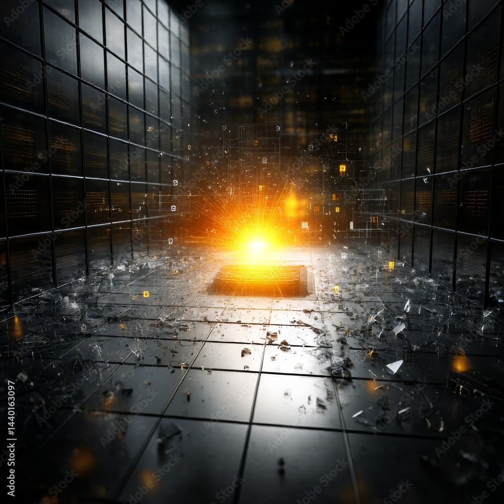 Poster data explosion: a concentrated burst of digital information emanating from the core of a server room