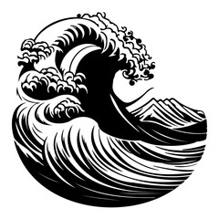 Monochrome circular artwork illustrating oceanic wave and distant mountainous silhouette