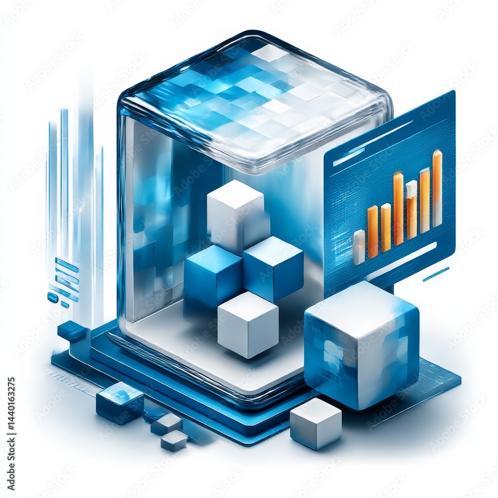 Poster data visualization with abstract cubes: illustrating growth and technological advancements in busine