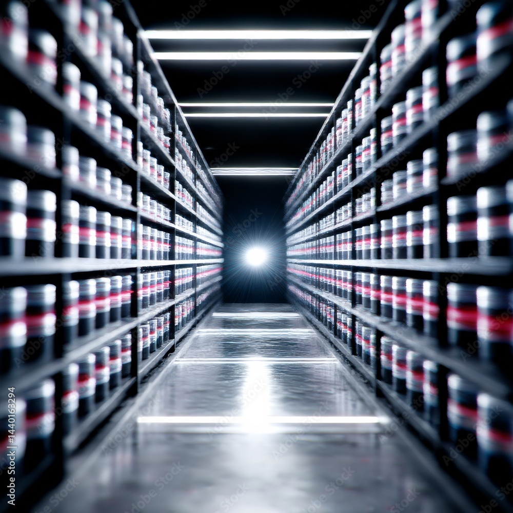 Poster Digital Archive: Abstract Perspective of Data Storage Shelves Leading to a Central Light Source.