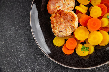 Cutlets vegetarian boiled carrot bowl natural food vegetable dish organic fresh gourmet food background on the table rustic food top view copy space keto paleo diet vegetarian vegan food