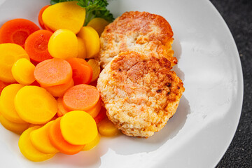 Cutlets vegetarian boiled carrot bowl natural food vegetable dish organic fresh gourmet food background on the table rustic food top view copy space keto paleo diet vegetarian vegan food