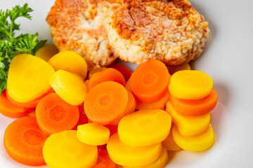 Cutlets vegetarian boiled carrot bowl natural food vegetable dish organic fresh gourmet food background on the table rustic food top view copy space keto paleo diet vegetarian vegan food
