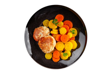 Cutlets vegetarian boiled carrot bowl natural food vegetable dish organic fresh gourmet food background on the table rustic food top view copy space keto paleo diet vegetarian vegan food