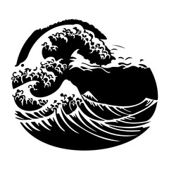 Stylized circular wave crest illustration, abstract sea pattern in black and white