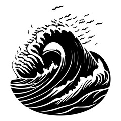 Stylized Ocean Wave Illustration: Black and White Graphic Nature Imagery