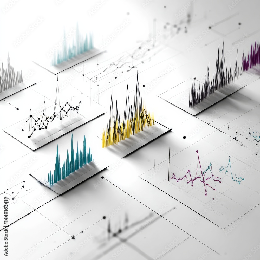 Poster Financial Data Analysis: A Complex Visual Representation of Trends, Charts, and Statistical Insights.