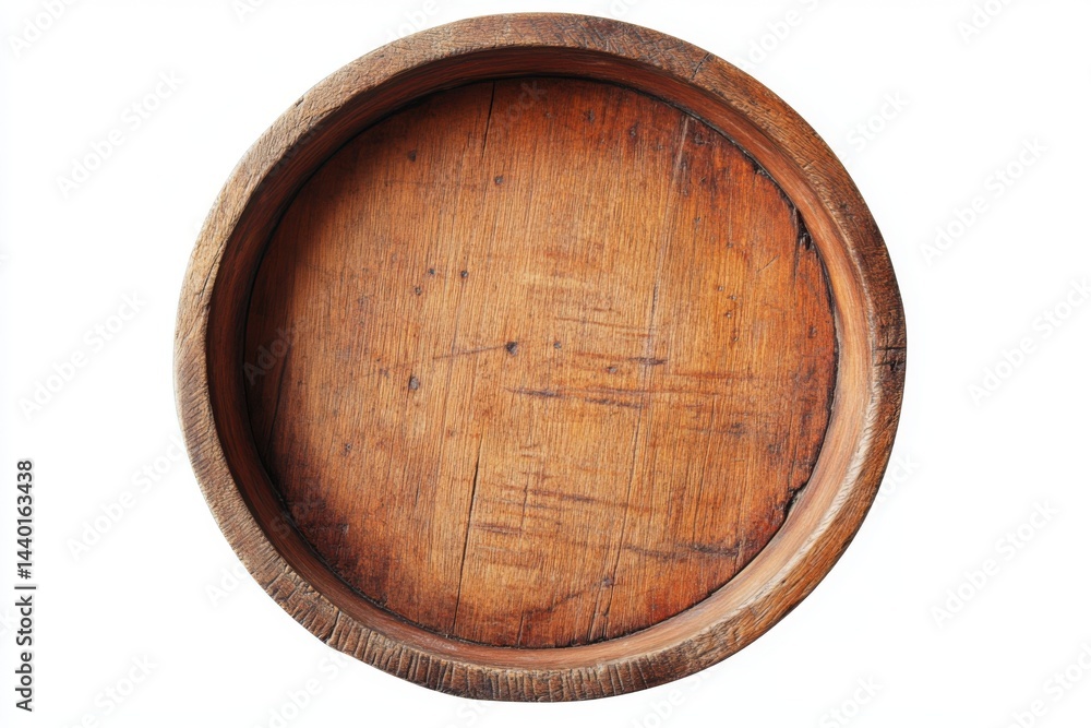Poster a top down view of an empty round wooden barrel with visible grain and a white background around it