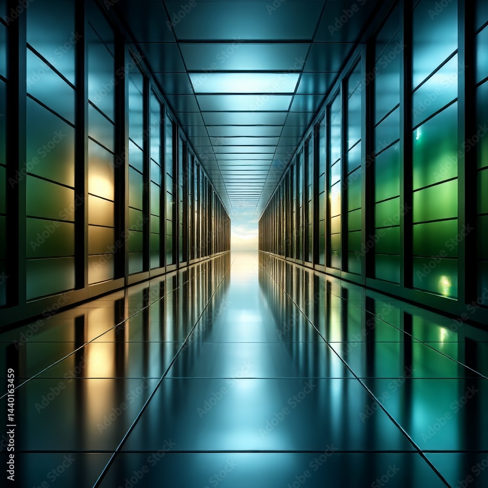 Poster futuristic data center corridor: a glimpse into the world of servers, networks, and technological in