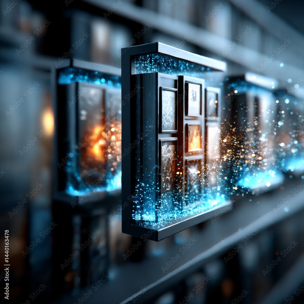 Poster futuristic digital display: abstract frames with glowing particles and intricate visuals in a dynami