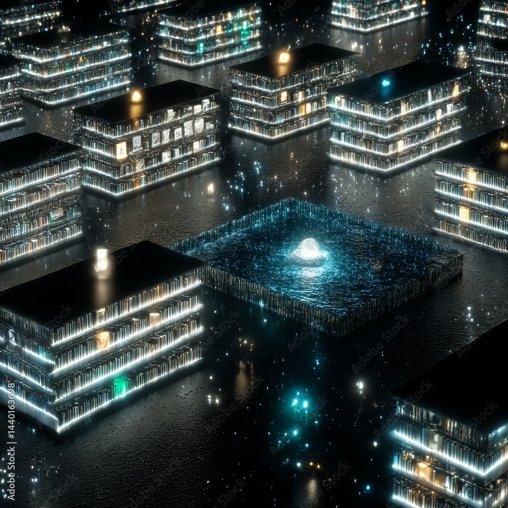 Poster illuminated cybernetic cityscape with central energy core, modern abstract architectural visualizati