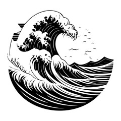 Monochrome linework depicts a dynamic ocean swell with distant landforms