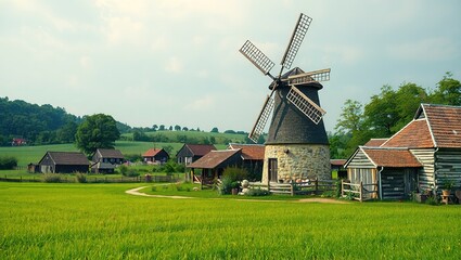 Fototapeta premium Rustic Village Scene: Windmill and Lush Green Fields