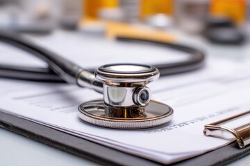 Close-up of a stethoscope resting on a medical chart.  A symbol of healthcare and medical examinations.