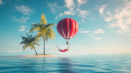 Fototapeta premium Tropical hammock hot air balloon island escape