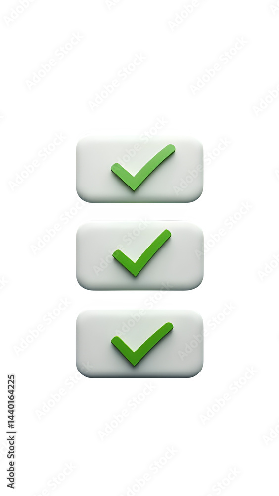 Poster minimalist 3d checklist with three green check marks and blank white labels on a black background.