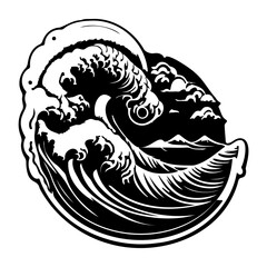 Stylized monochromatic tidal surge emblem showcasing stylized ocean wave art