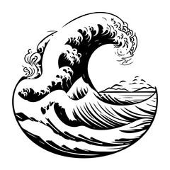 Monochrome line art of a stylized ocean wave crashing with distant shore