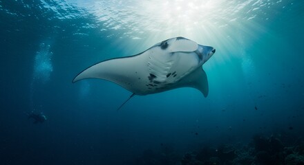 Manta Ray Gliding Underwater with Sun Rays and Scuba Diver
