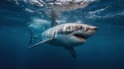 Fototapeta premium Majestic Great White Shark in Deep Ocean