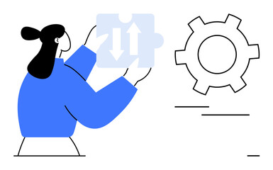 Person in blue holding a puzzle piece with bidirectional arrows next to a gear. Ideal for teamwork, process improvement, problem-solving, collaboration, innovation, strategy, simple landing page
