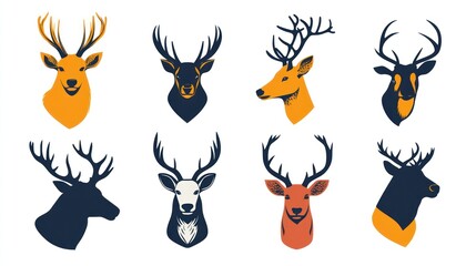 Fototapeta premium Deer heads with antlers set. Wildlife design for prints, web, logo and decoration
