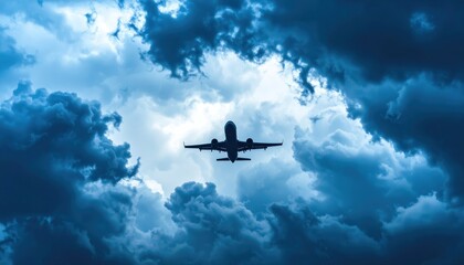 Airplane flying through dramatic dark clouds, silhouetted against a bright sky, symbolizing travel and freedom