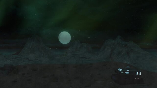 Registro temporal da transi&ccedil;&atilde;o diurna em ambiente exoplanet&aacute;rio litor&acirc;neo, capturado por equipe cient&iacute;fica embarcada em ve&iacute;culo explorador m&oacute;vel, com fina n&eacute;voa obscurecendo a paisagem.