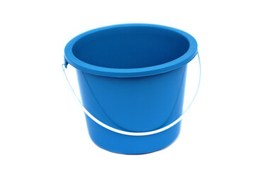 Empty plastic blue bucket with white carry handle, isolated on white background. Concept, equipment for containing water, ice or others. Container for household. 