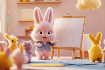 A fluffy pink bunny teacher instructs a class of adorable animal students in a pastel-colored classroom.