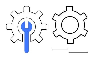 Gear with a blue wrench and outline gear on white. Ideal for settings, customization, maintenance, system repair, configuration, technical services, and a simple landing page