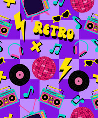 Pattern radio, TV, headphones, glasses on a blue background.
