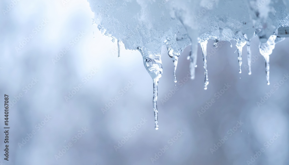 Poster close-up view of icicles dripping from a snow-covered edge with a soft blurred winter background