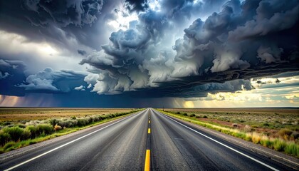 Dramatic clouds looming over an empty straight road in a vast open landscape with hints of sunlight breaking through