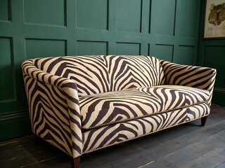 Sofa with zebra texture against a dark green wall