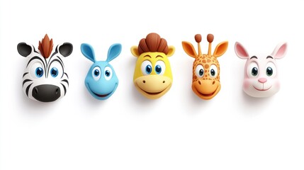 Naklejka premium Cartoon animals Zebra, donkey, horse, giraffe, rabbit lined up against a bright background, playful