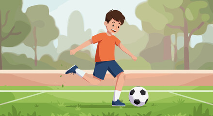 Fototapeta premium Young boy joyfully playing soccer on a green field 