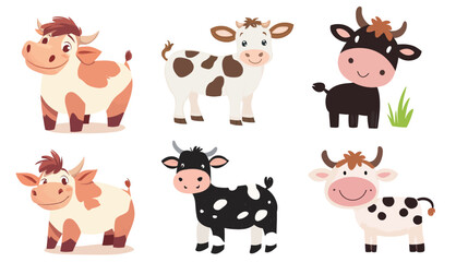 A set of illustrations depicting a family of cows on a farm, including various poses and activities in a peaceful rural setting. Perfect for agricultural, farm, and family-oriented themes.