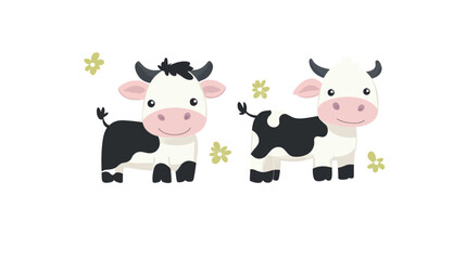 Naklejka premium A set of illustrations depicting a family of cows on a farm, including various poses and activities in a peaceful rural setting. Perfect for agricultural, farm, and family-oriented themes.