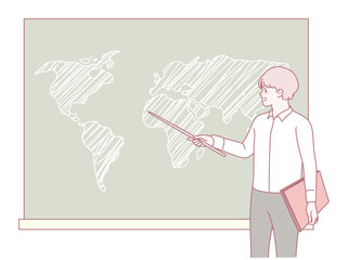 A vibrant illustration shows a teacher pointing at a world map in class, promoting global awareness