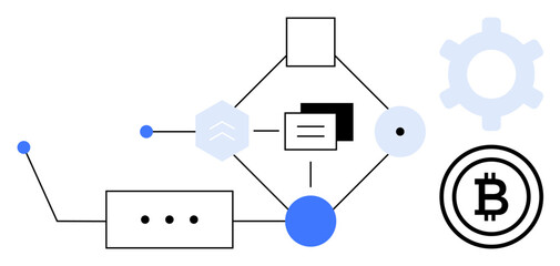 Diagram featuring blockchain network connections with shapes, Bitcoin sign, and gear. Ideal for blockchain systems, crypto, data flow, digital technology, FinTech, automation development flat