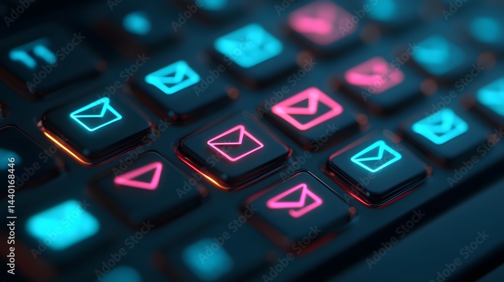 Poster glowing email notifications on modern keyboard for digital communication