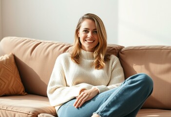Obraz premium Cozy, relaxed female portrait in a warm atmosphere