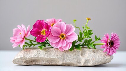 Delicate Spring Flowers on Stacked Stones