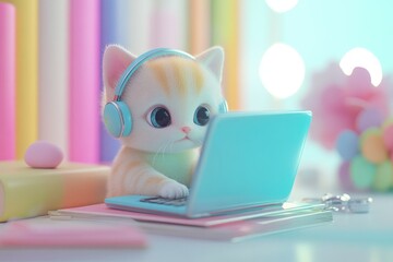 Fototapeta premium Adorable kitten wearing headphones uses a teal laptop on a pastel desk.