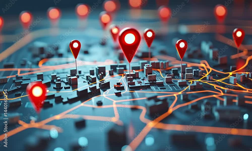 Poster futuristic digital map interface showing glowing gps location markers on a city grid, representing a