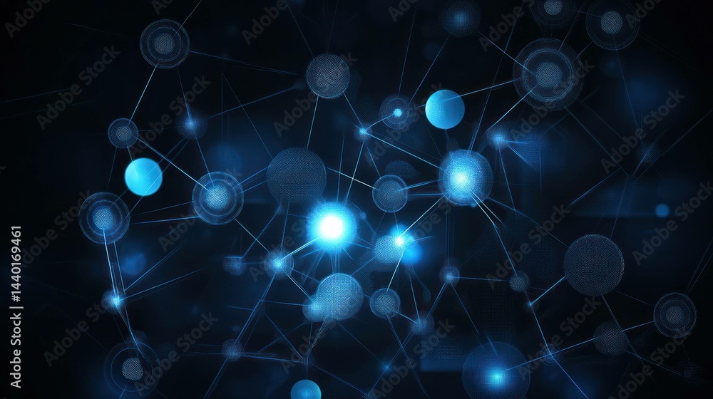 Poster abstract network of glowing blue nodes and lines on a dark background.